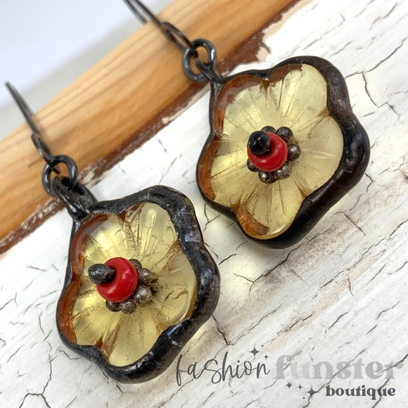 Handmade Soldered Antique Yellow Buttercup Flower Art Charm Dangle Drop Earrings - Picture 12 of 14